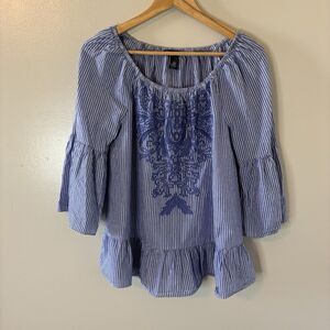 INC International Concepts Peasant Top Blue Stripe Embroidered Cottagecore Med